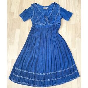 Vtg  24 karat Womens M Dress Blue Maxi Boho Cottagecore Western Core Embroidered